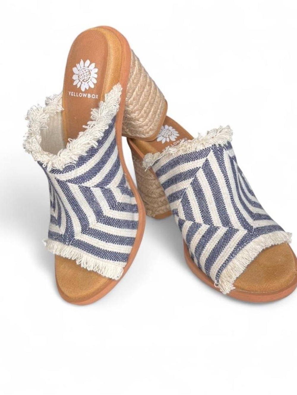 Yellow Box Blue and White Striped Frayed Espadrille Wedge Mules